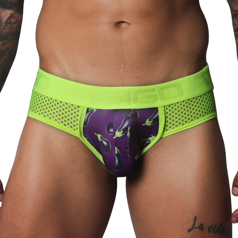 Neon green mesh briefs featuring a purple pouch with an all-over eggplant print and an embossed logo waistband.