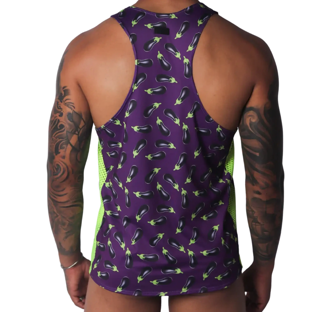 Purple racerback tank top with an eggplant pattern and neon green mesh side panels.
