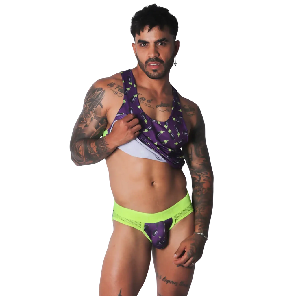 Aubergine print tank top in purple with lime green accents, featuring a sleeveless athletic fit.