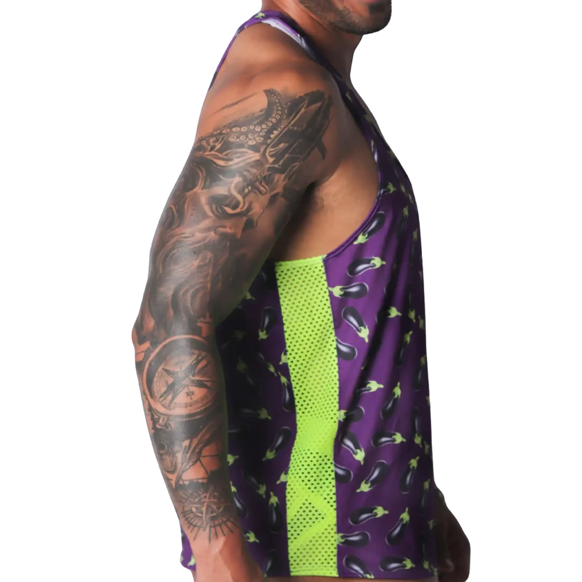 Aubergine-print tank top in purple with lime green mesh side panels and a racerback style.