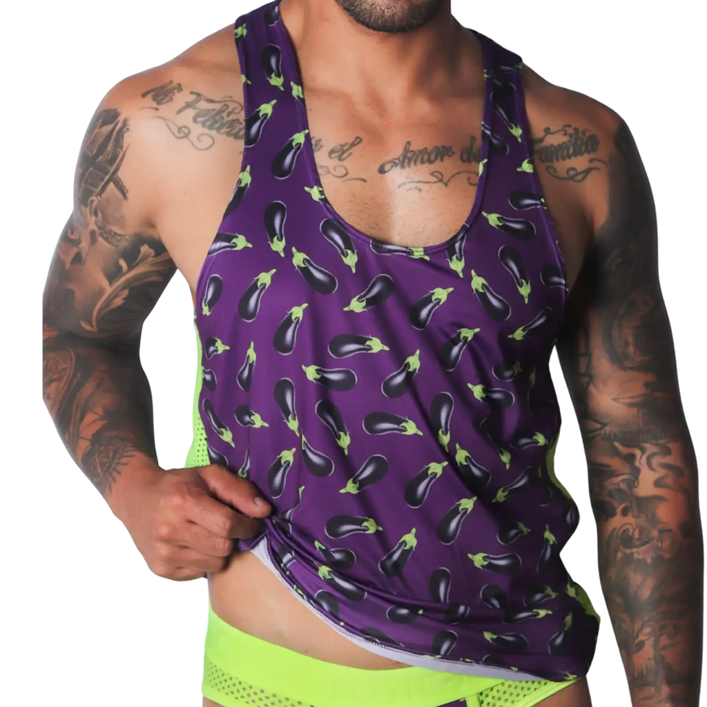 Aubergine-print purple racerback tank top with neon green mesh side panels and a scoop neckline.