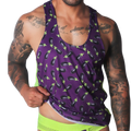 Aubergine-print purple racerback tank top with neon green mesh side panels and a scoop neckline.