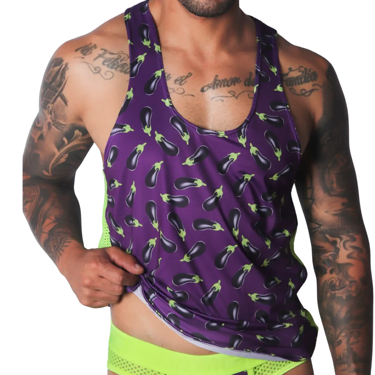 Aubergine-print purple racerback tank top with neon green mesh side panels and a scoop neckline.