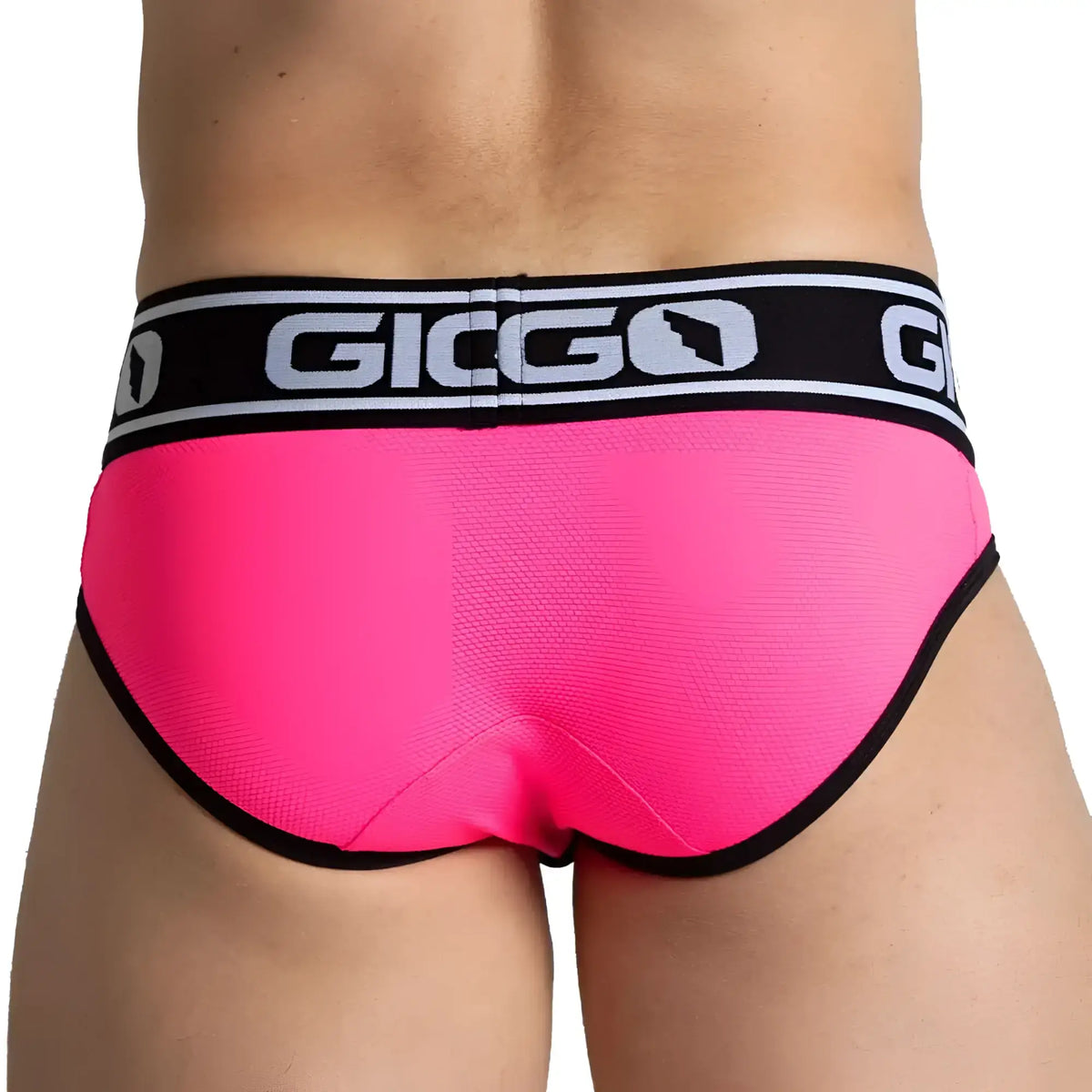 Bright pink gigo audacy fuchsia brief with black trim and bold white logo on the waistband in front view