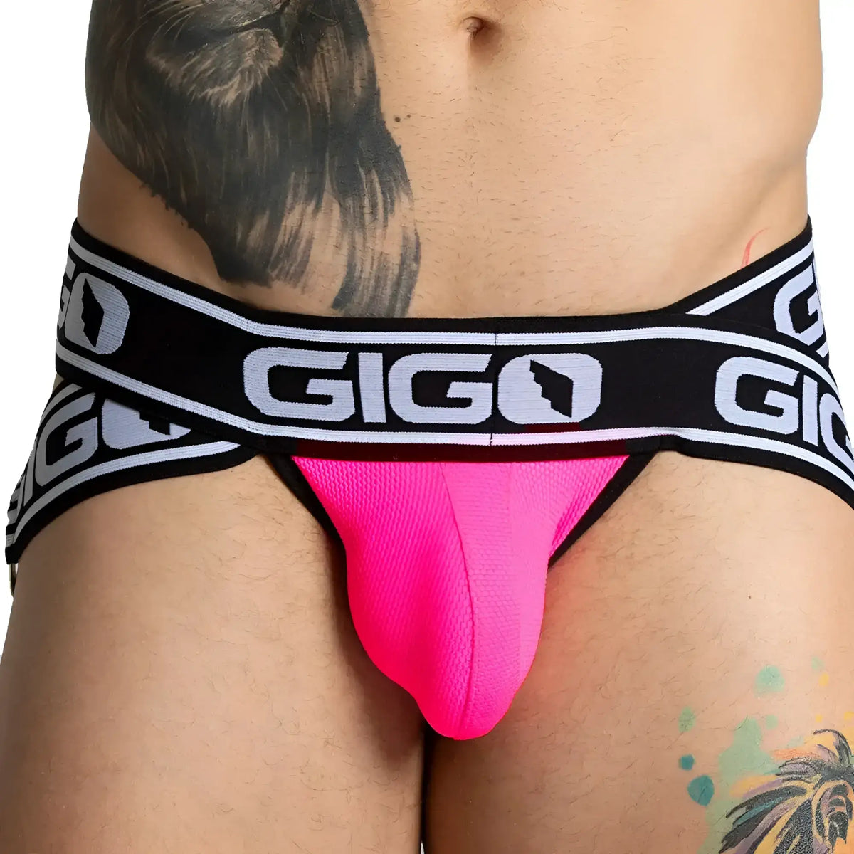 Bright pink Gigo Audacy Fuchsia jockstrap with black and white elastic waistband for supportive athletic wear