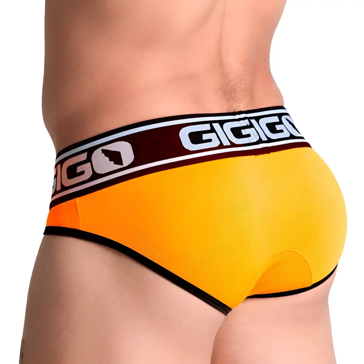 Bright yellow gigo audacy orange briefs with maroon and black waistband featuring white lettering front view