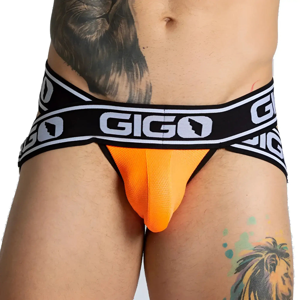 Bright orange gigo audacy jock briefs with a black and white logo band designed for comfortable support