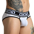 White gigo brand briefs with black trim and textured fabric for comfortable everyday wear
