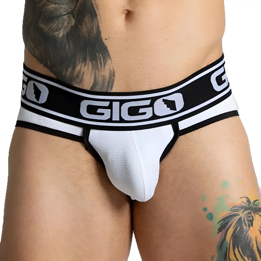 White gigo audacy brief with black trim made of textured mesh fabric for breathable comfort