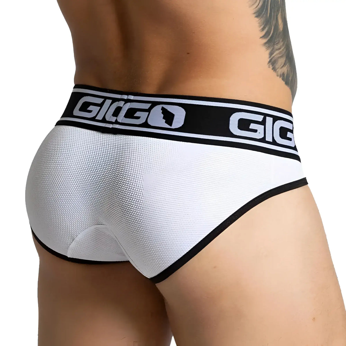 White giggo branded briefs with black trim and textured fabric in gigo audacy white brief design