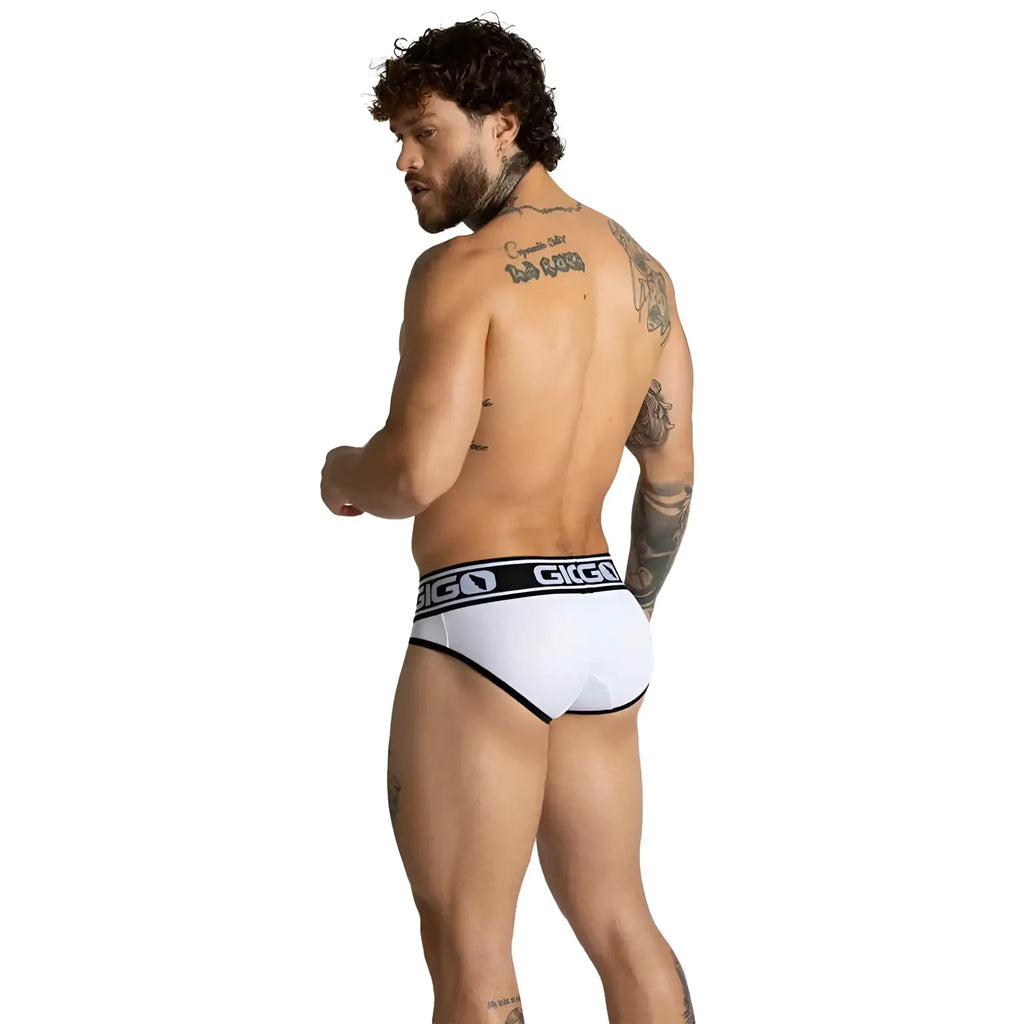 White giga brand briefs with black trim and logo band featuring a comfortable fit for everyday wear