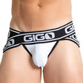 White gigo brand briefs with black elastic waistband and bold white logo text from gigo audacy white jock collection