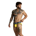 Bright yellow gigo audacy briefs with black elastic waistband featuring white branded lettering front view