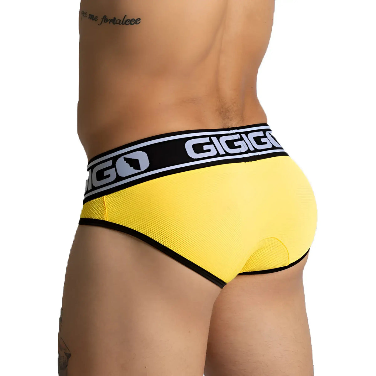 Bright yellow giggo audacy briefs with black trim and a bold white logo band in front view