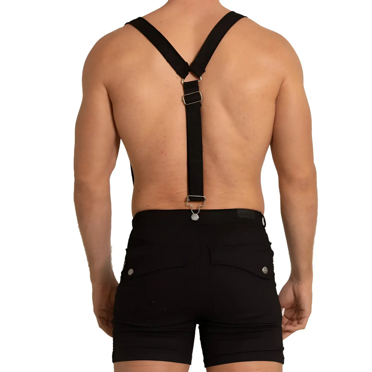 Back view of gigo aventurer black short featuring black cross-back suspenders with silver-toned metal clasps