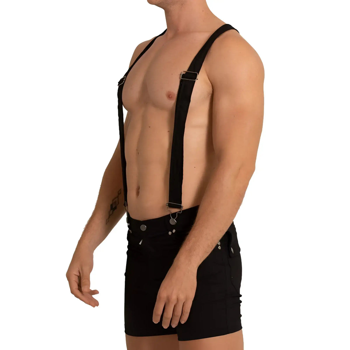 Black suspenders with silver-toned metal clasps and adjustable straps from gigo aventurer black short collection