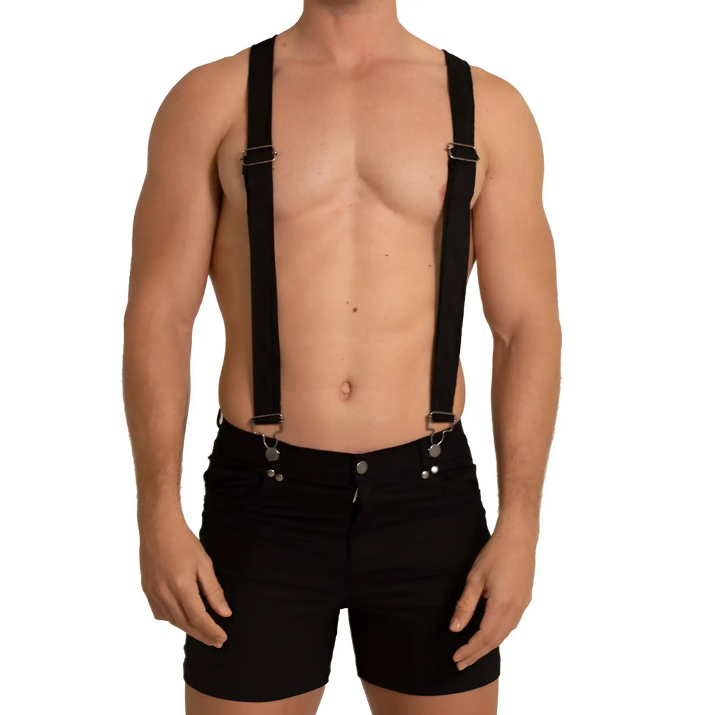 Gigo aventurer black short suspenders with silver-toned metal clasps and adjustable buckles in black fabric