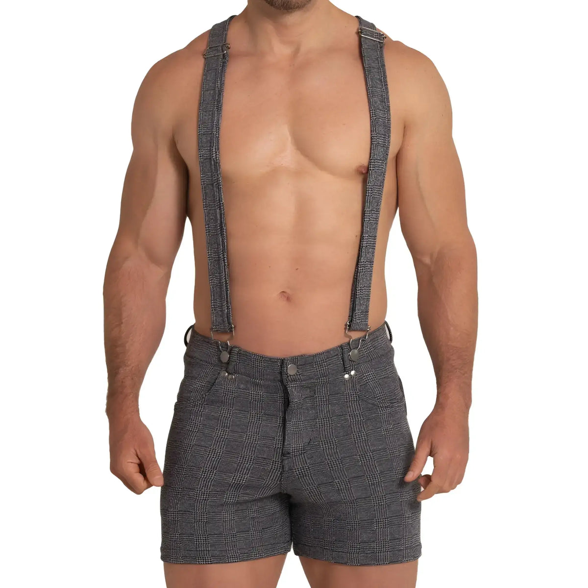 Gray plaid suspenders with matching shorts in classic check pattern featuring metal clasps from gigo aventurer