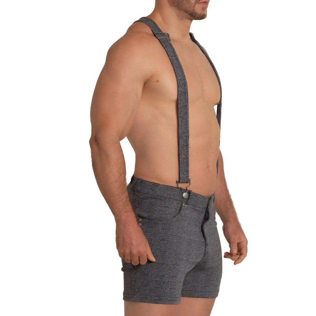 Gray plaid suspenders with subtle checks matching the texture of gigo aventurer black square short fabric
