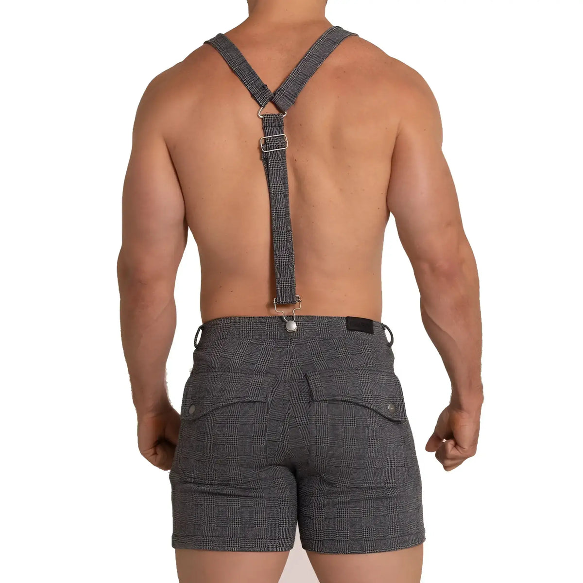 Gray plaid suspenders with subtle herringbone pattern and silver toned metal clasps for gigo aventurer black square short