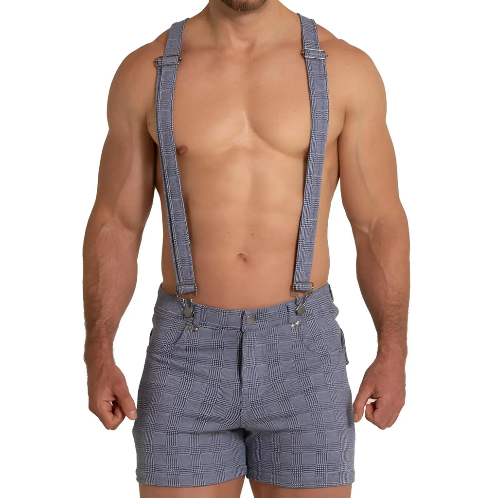 Blue and white plaid denim shorts with matching suspenders from Gigo Aventurer blue square short collection