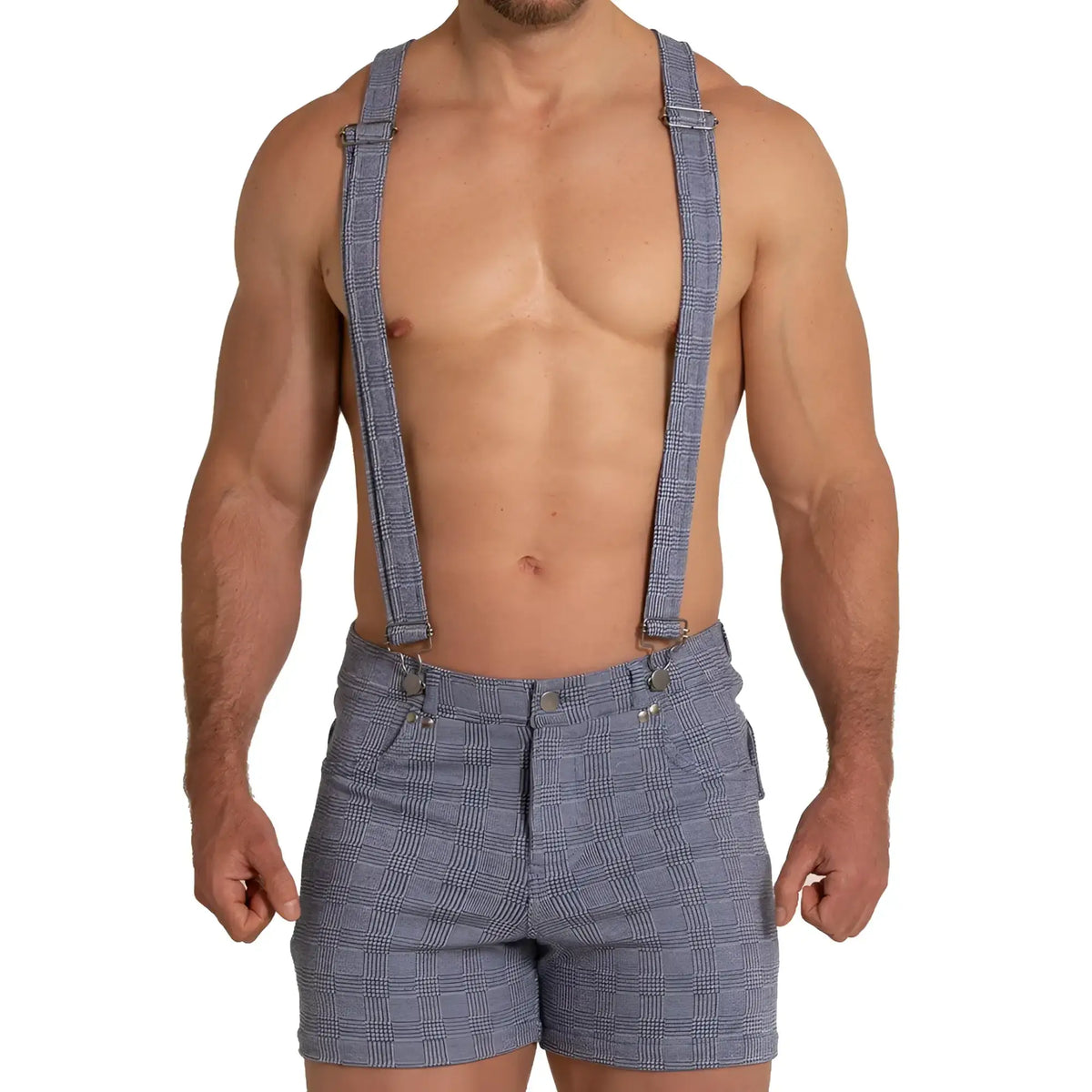 Blue and white plaid denim shorts with matching suspenders from Gigo Aventurer blue square short collection