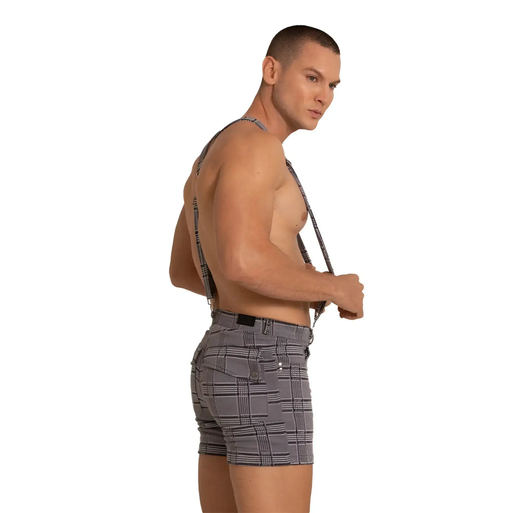 Gray plaid denim shorts with matching suspenders from gigo aventurer gray square short collection