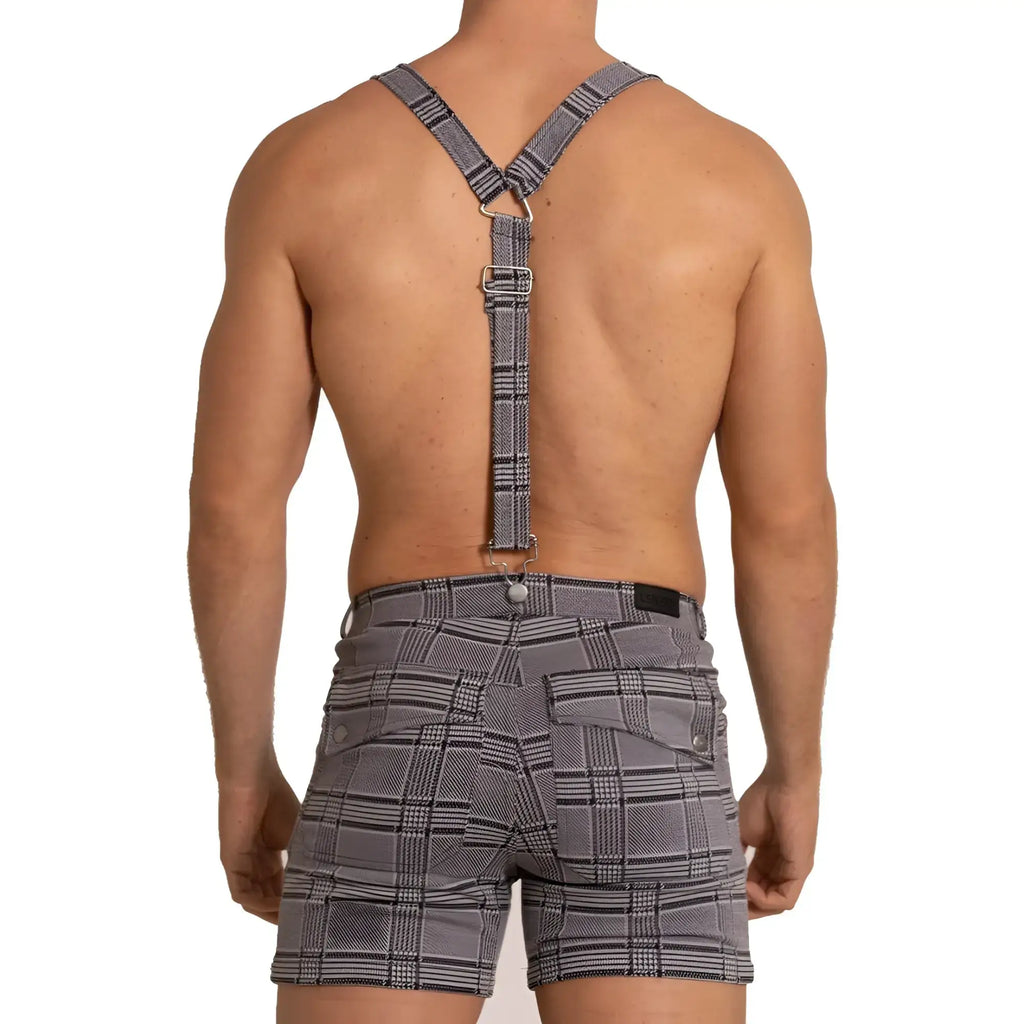 Gigo aventurer gray square short featuring gray plaid suspenders with black and white stripes