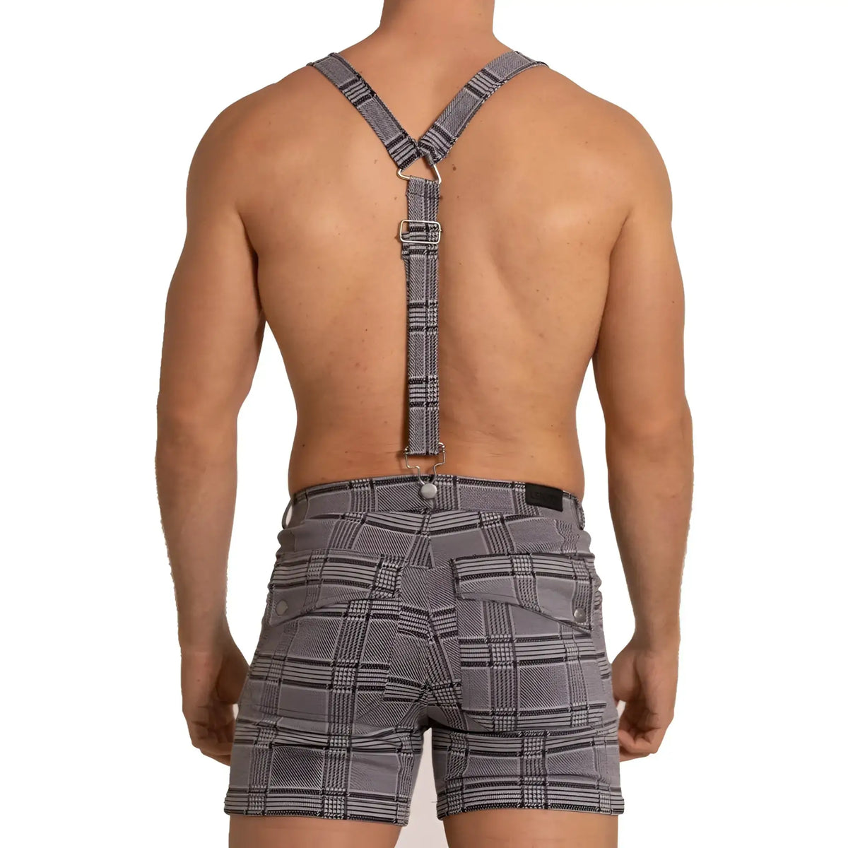 Gigo aventurer gray square short featuring gray plaid suspenders with black and white stripes