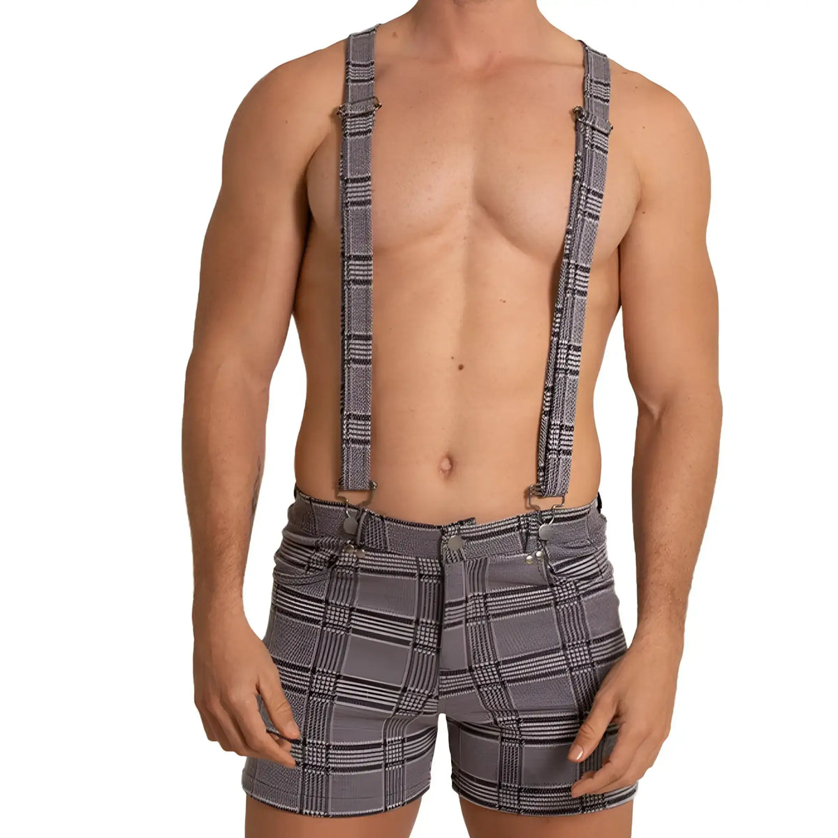 Gray plaid suspenders with black and white stripes matching the pattern of gigo aventurer gray square shorts