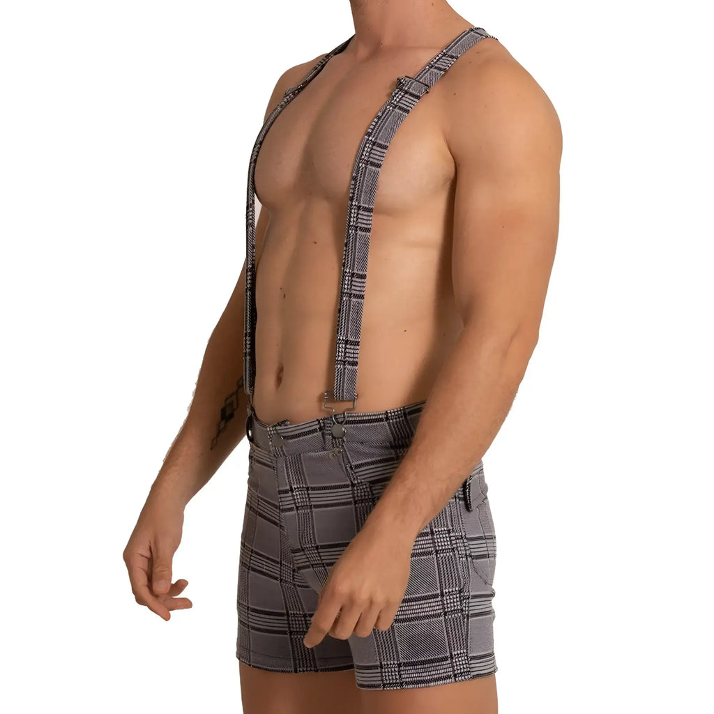 Gigo aventurer gray square short with gray plaid suspenders featuring black and white stripes matching the shorts