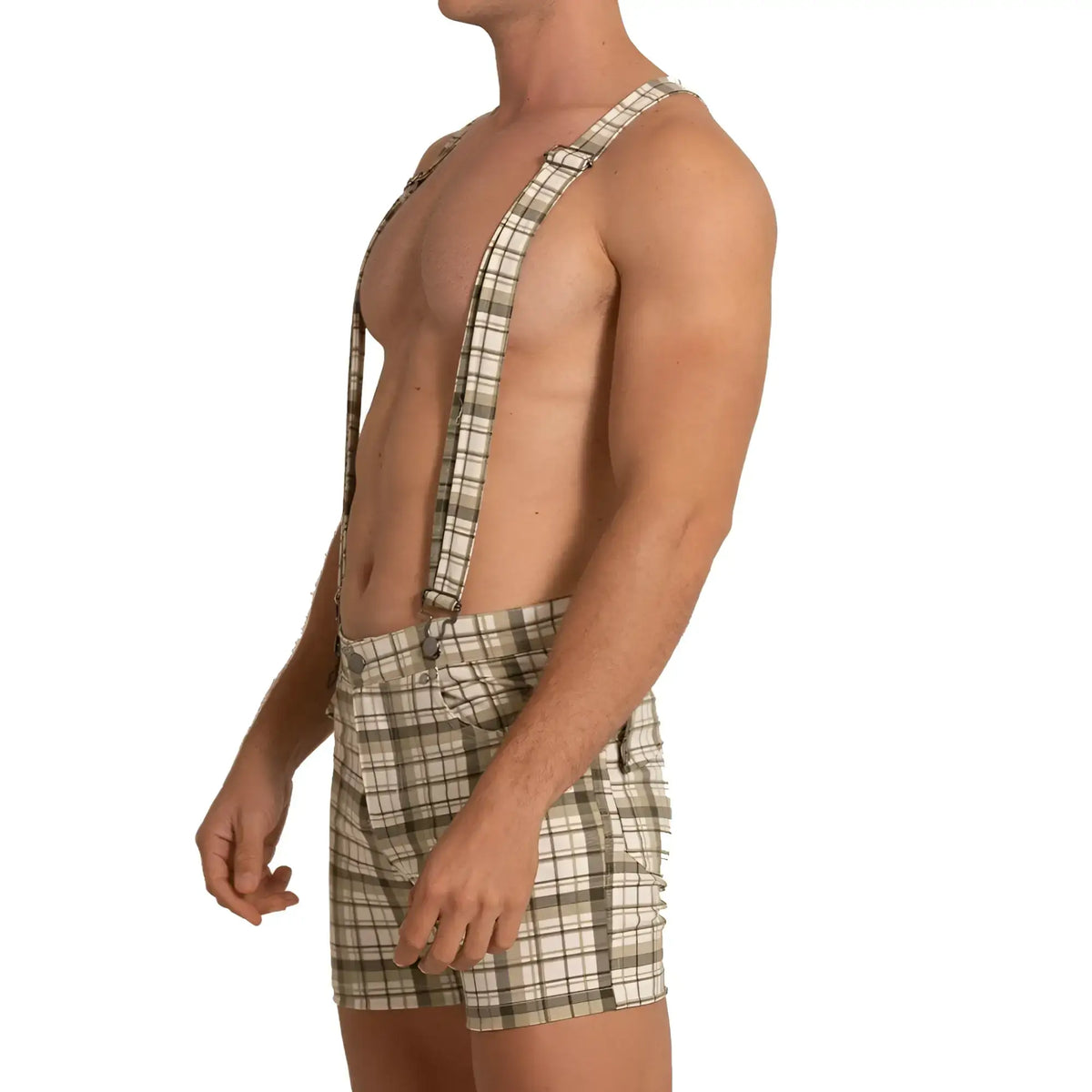 Beige and olive plaid suspenders with matching shorts designed for casual or festive look in Gigo Aventurer Green Square