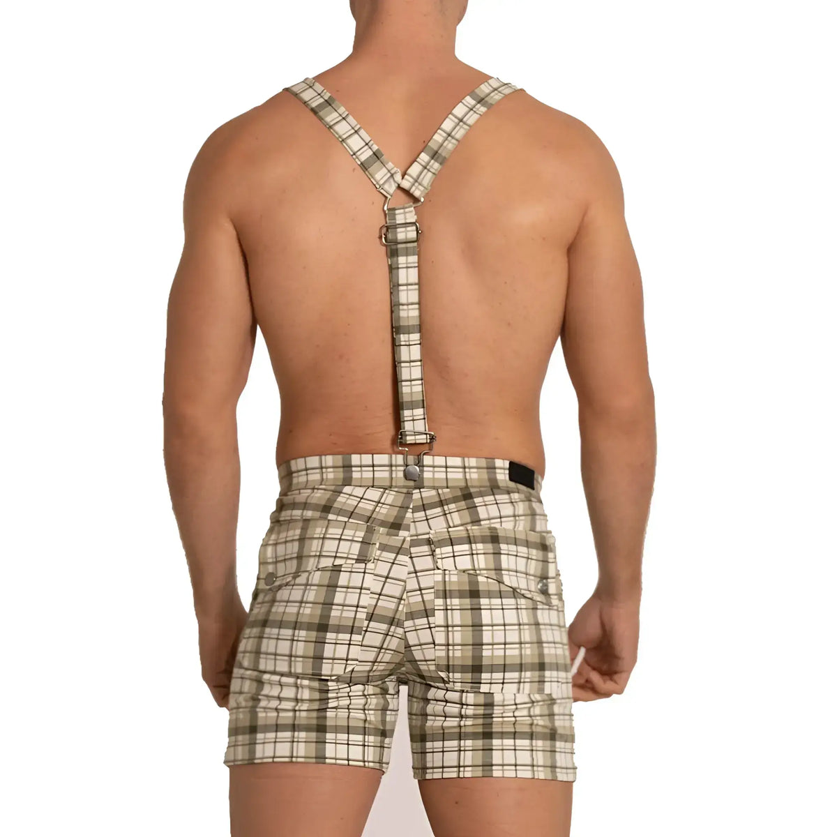 Plaid-patterned suspenders in beige and olive green with metallic buckle featured in gigo aventurer green square short