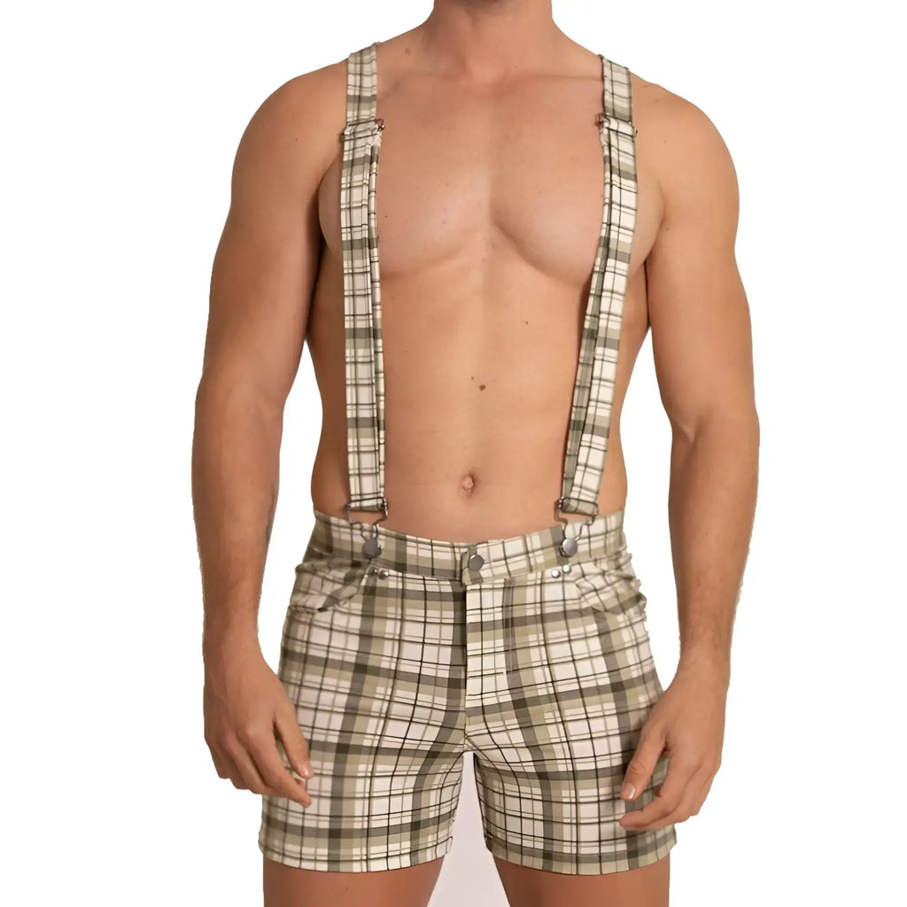 Plaid-patterned olive and cream tone suspenders paired with matching gigo aventurer green square shorts