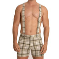 Plaid-patterned olive and cream tone suspenders paired with matching gigo aventurer green square shorts