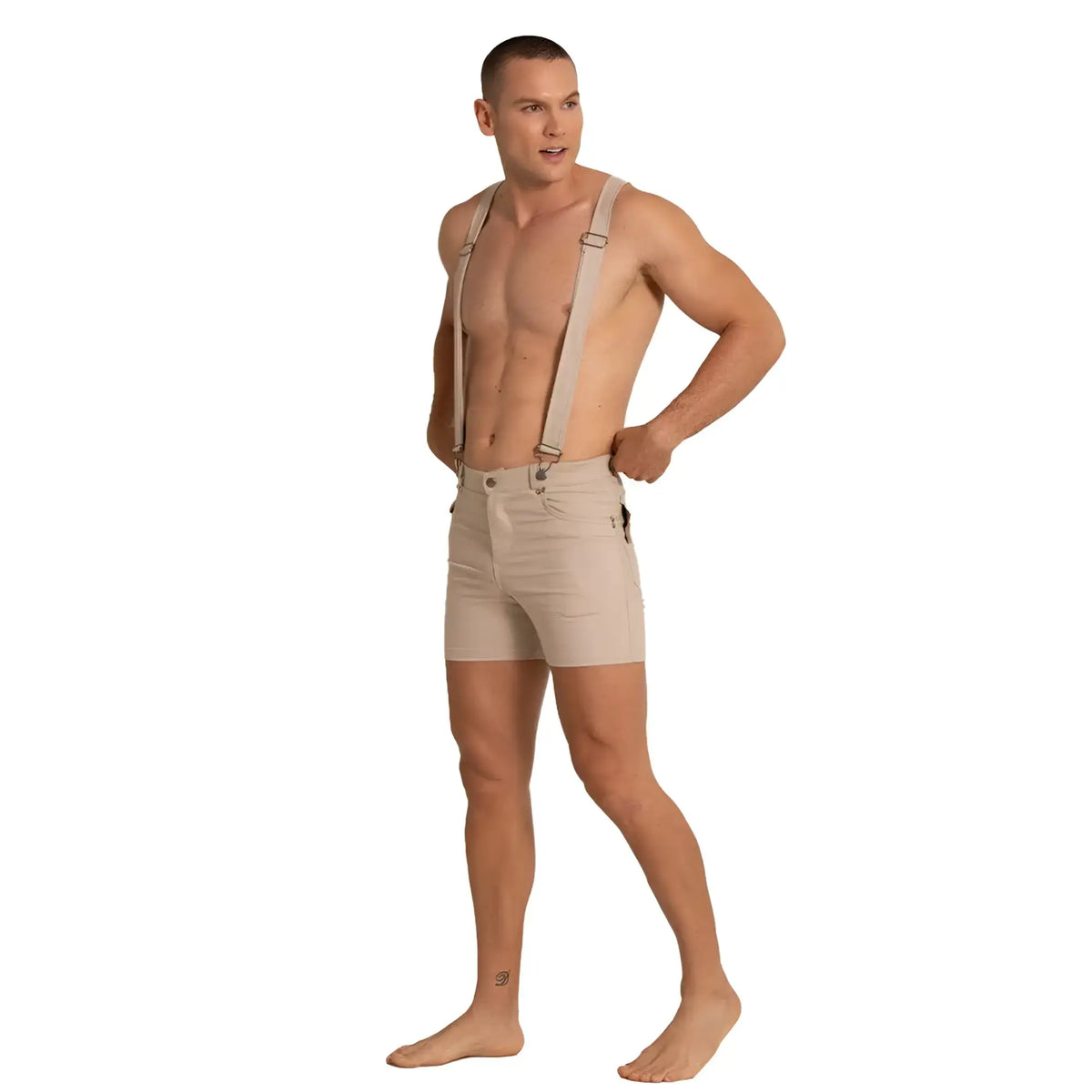 Beige denim gigo aventurer khaki short with matching suspenders for casual adventure wear