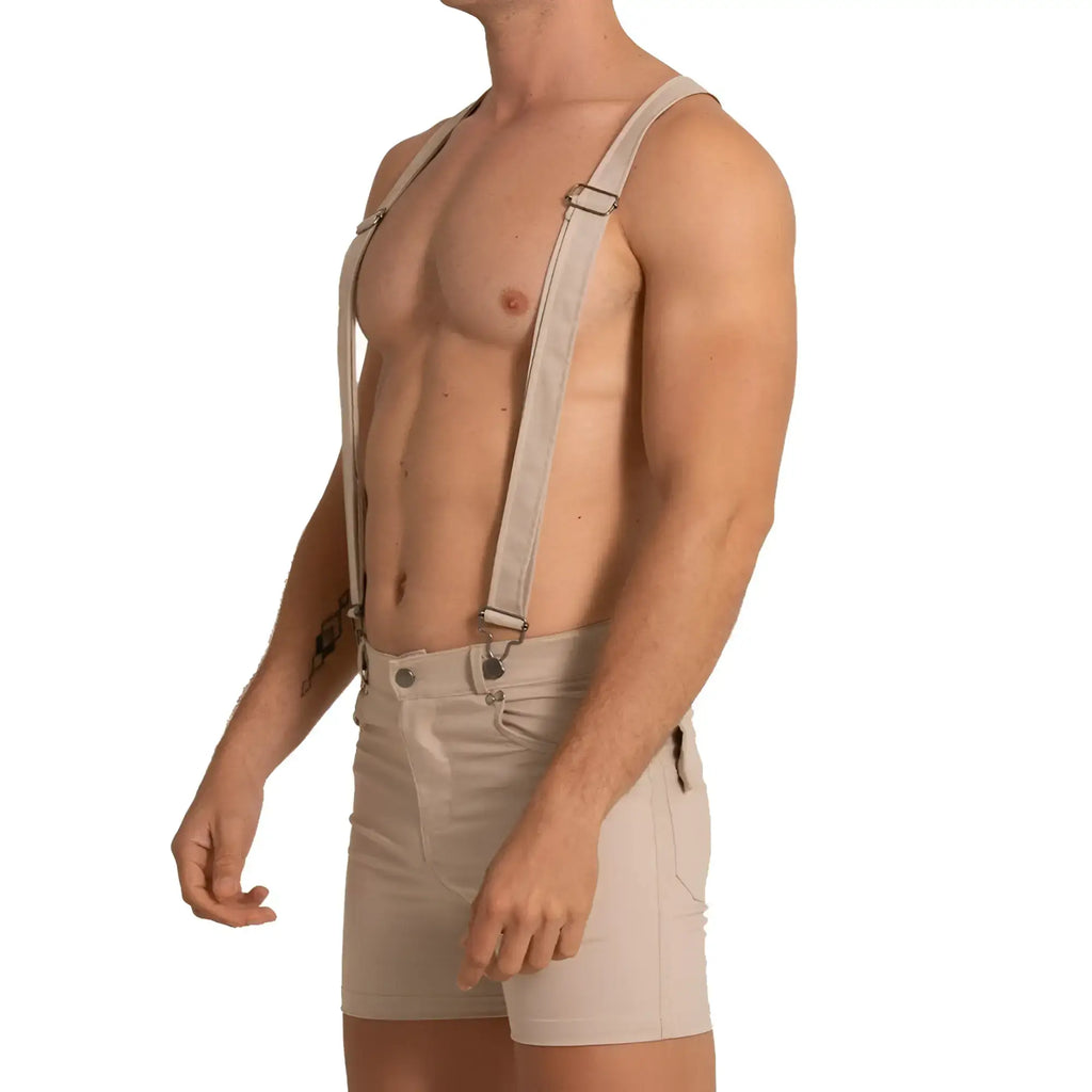 Beige fabric suspenders with metal clasps and adjustable straps for gigo aventurer khaki shorts