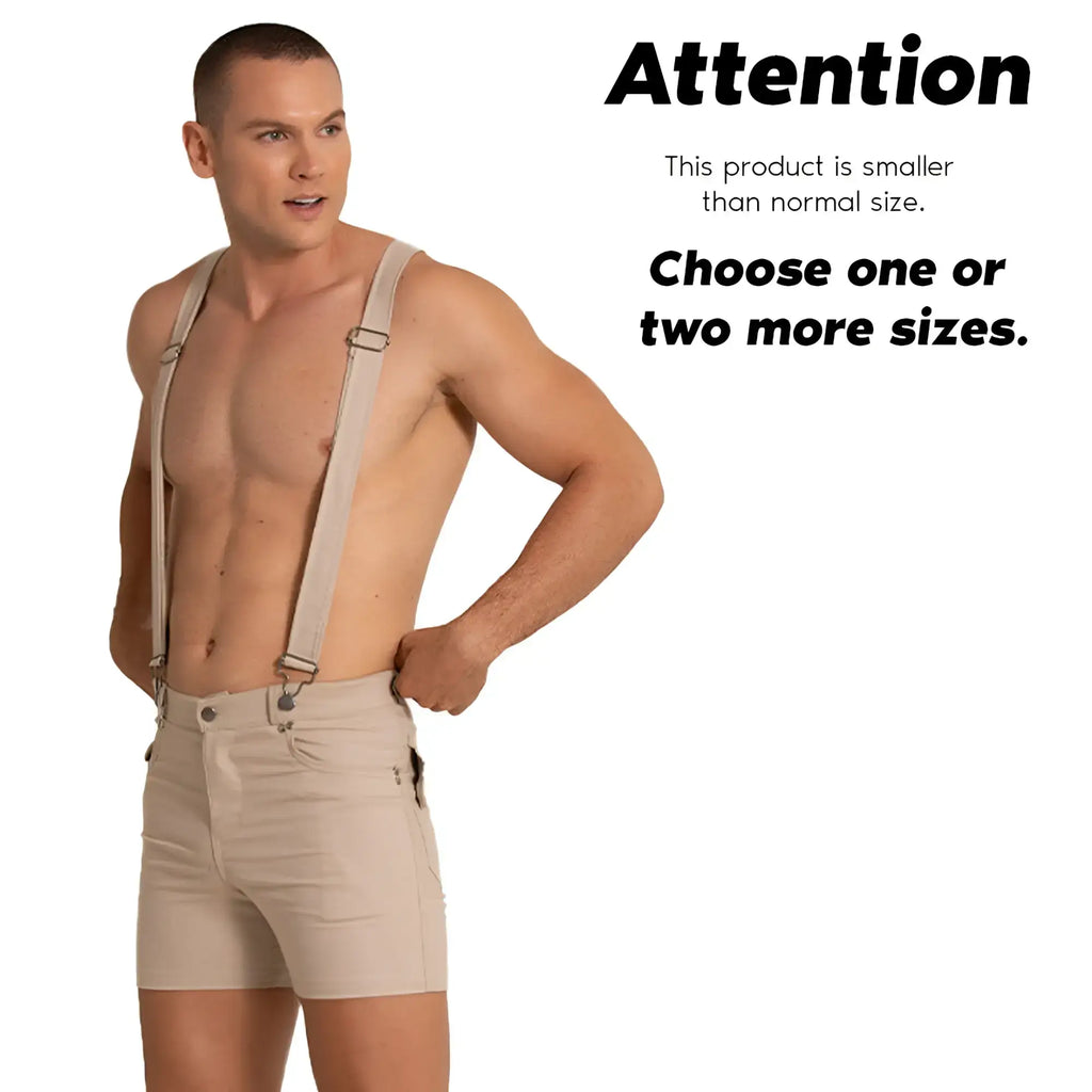 Beige denim gigo aventurer khaki shorts with matching suspenders for casual wear