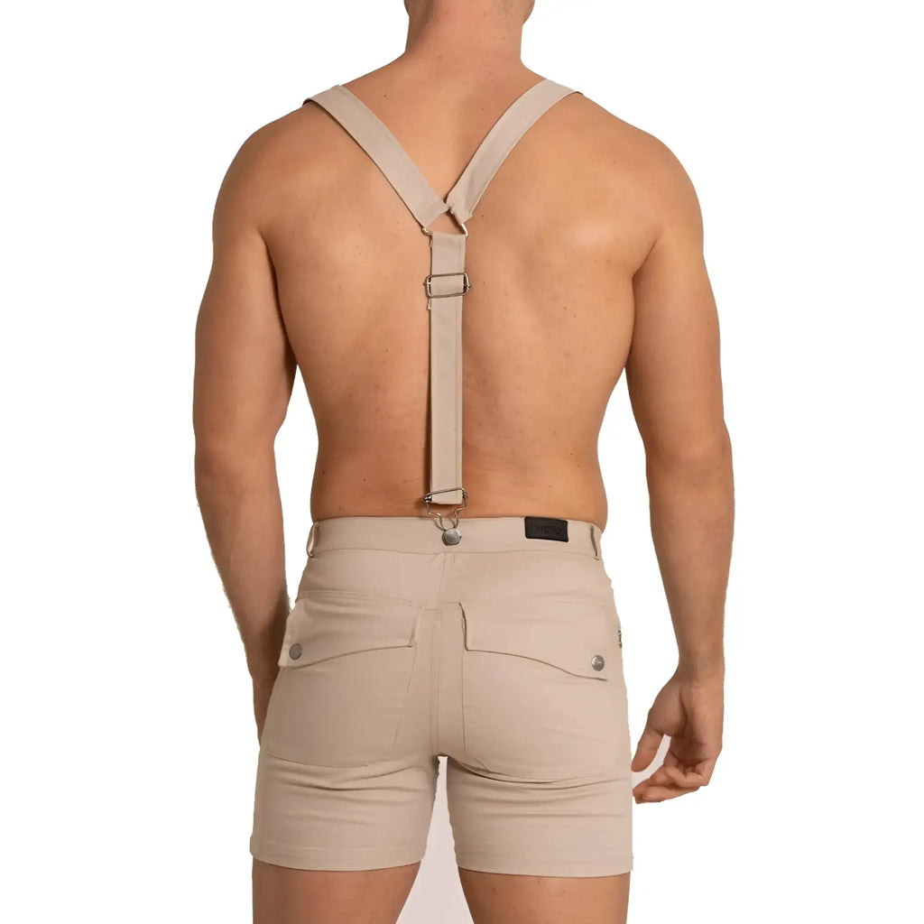 Beige gigo aventurer khaki shorts with cross-back suspenders and metal clasps shown from the back side
