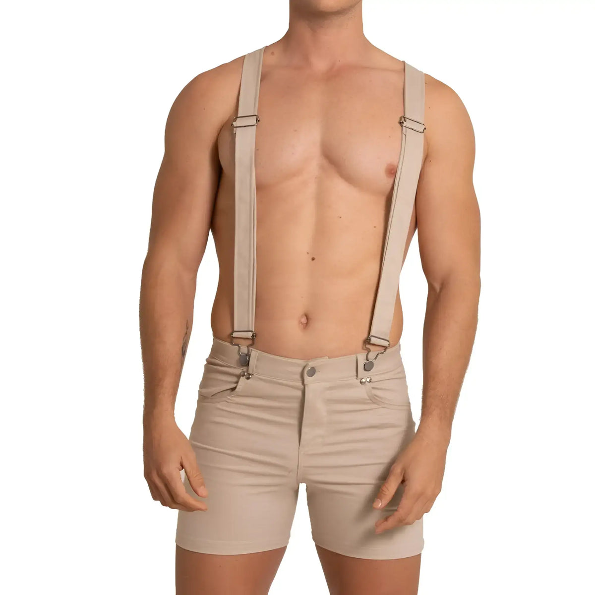Beige gigo aventurer khaki short with silver-toned metal clasp suspenders and adjustable straps in matching fabric
