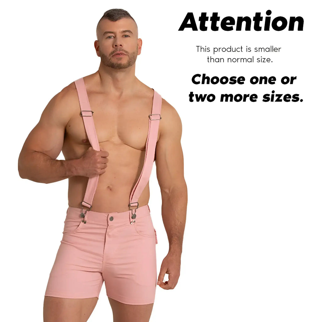 Pink suspenders with metal clasps worn over matching pink shorts in gigo aventurer pink short set