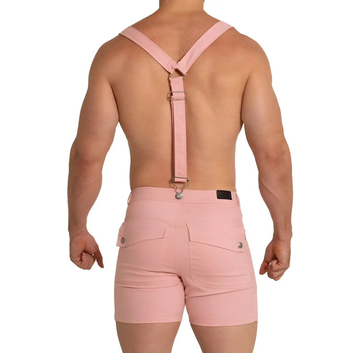Gigo aventurer pink short featuring sleek pink suspenders with metallic hardware and matching pink shorts