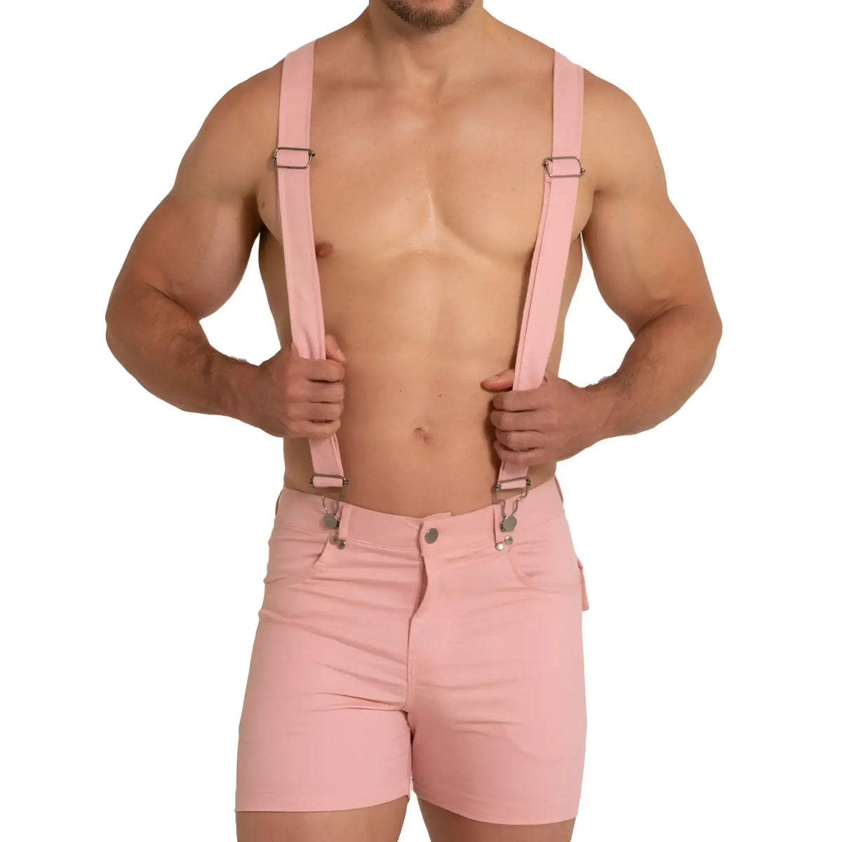 Gigo aventurer pink short with adjustable pink suspenders featuring silver metal clasps paired with matching shorts