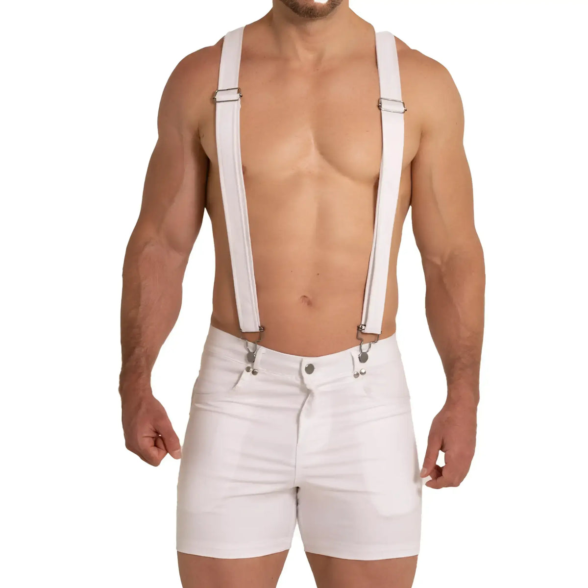 White leather shorts with matching white suspenders and silver-toned metal clasps from gigo aventurer white short collection