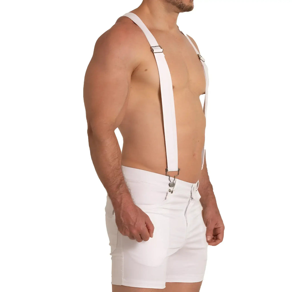 White leather suspenders with silver-toned metal clasps and adjustable straps from gigo aventurer white short collection