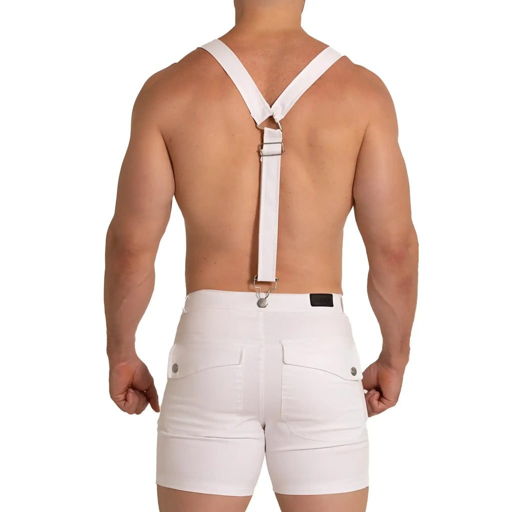 White fabric suspenders with metal clasp and adjustable strap worn over gigo aventurer white shorts front side