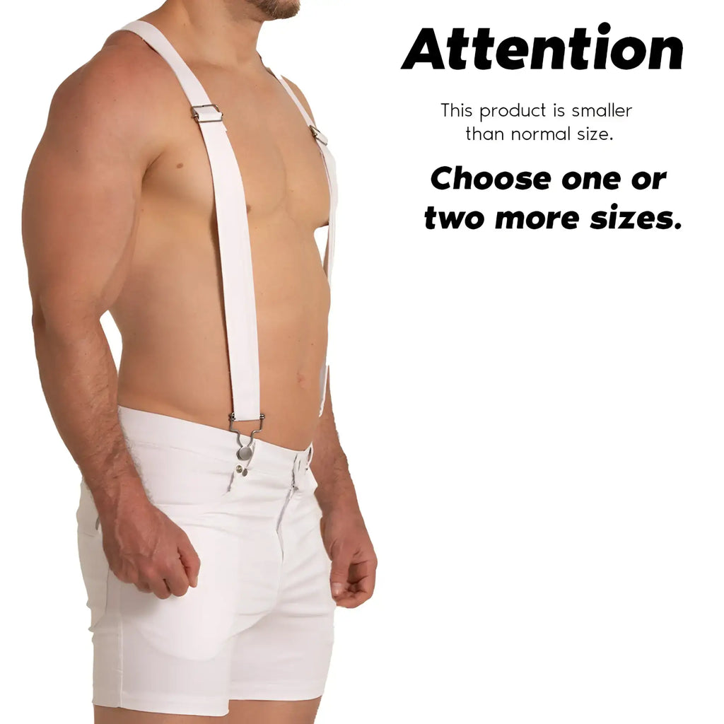 White suspenders with silver-toned metal clasps and adjustable straps featured in gigo aventurer white short