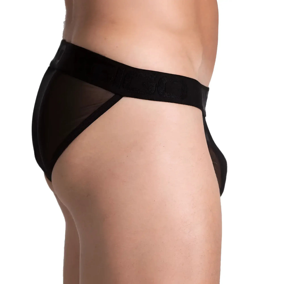 Black mesh briefs with a solid black waistband from gigo bahia black brief collection showing front view