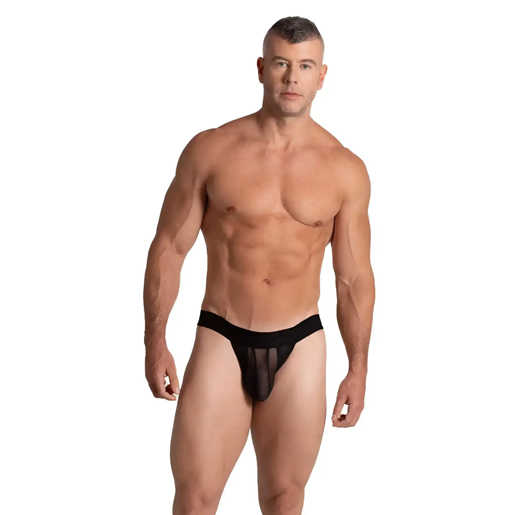 Black sheer mesh briefs with a solid black waistband gigo bahia black brief front view