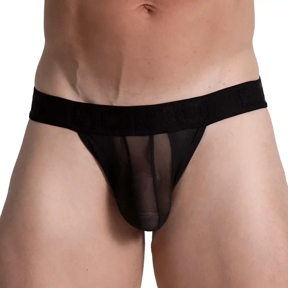 Black sheer mesh thong brief with solid elastic waistband and embossed logo from gigo bahia collection